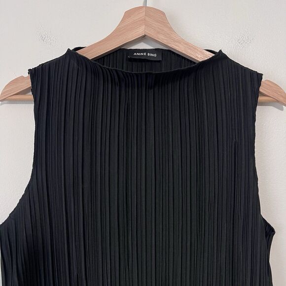 Anine Bing Rondi Black Plisse Tank Top Pleated Size L Sleeveless Pleated Classic - Picture 3 of 8